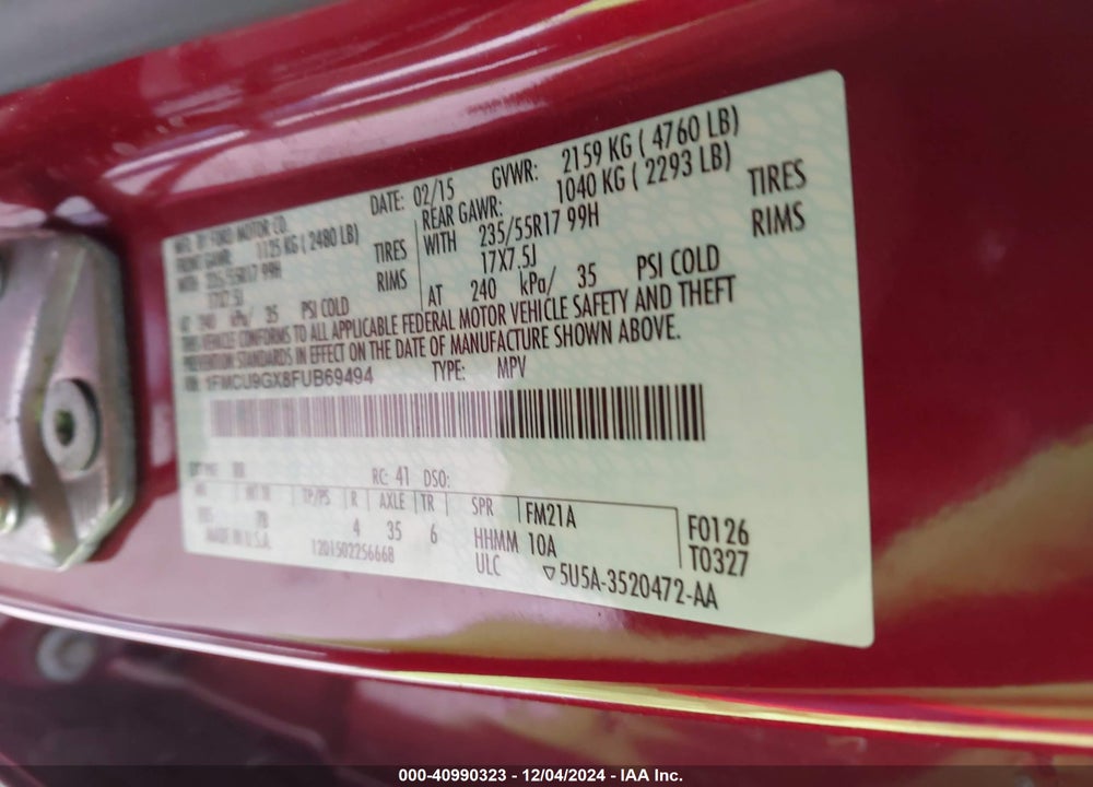 2015 FORD ESCAPE SE VIN: 1FMCU9GX8FUB69494