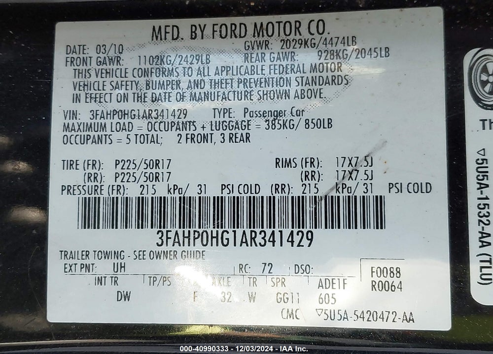 2010 FORD FUSION SE VIN: 3FAHP0HG1AR341429