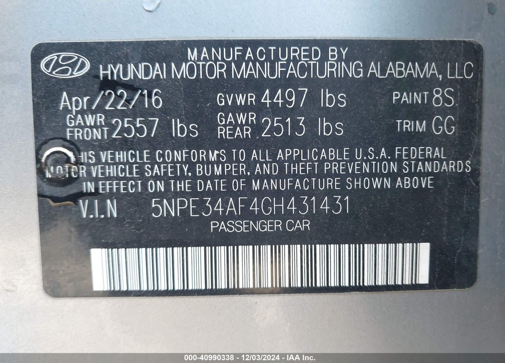 2016 HYUNDAI SONATA SPORT VIN: 5NPE34AF4GH431431