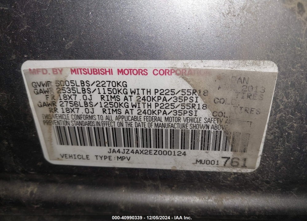 2014 MITSUBISHI OUTLANDER GT VIN: JA4JZ4AX2EZ000124