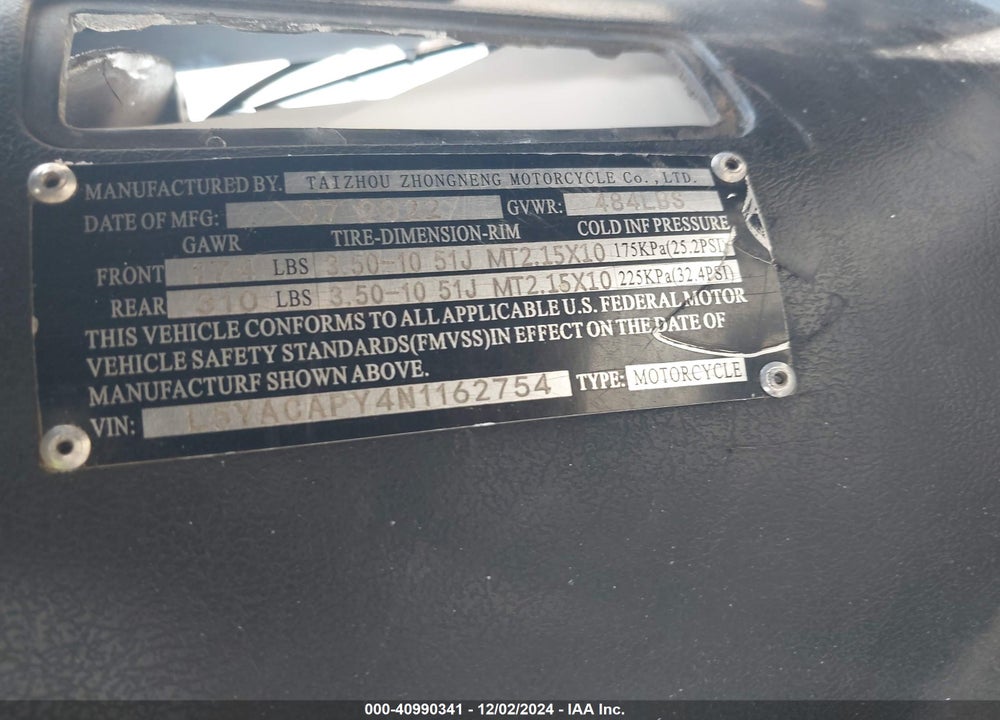 2022 TAIZHOU ZHOUGNENG ZN50QT VIN: L5YACAPY4N1162754