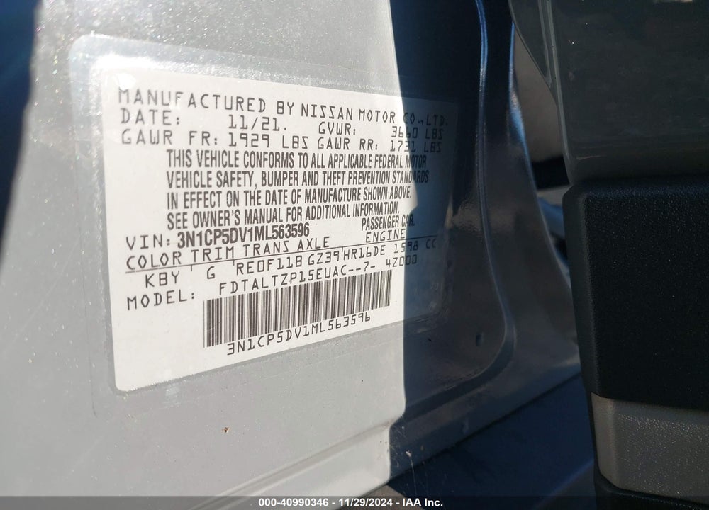 2021 NISSAN KICKS SR XTRONIC CVT VIN: 3N1CP5DV1ML563596