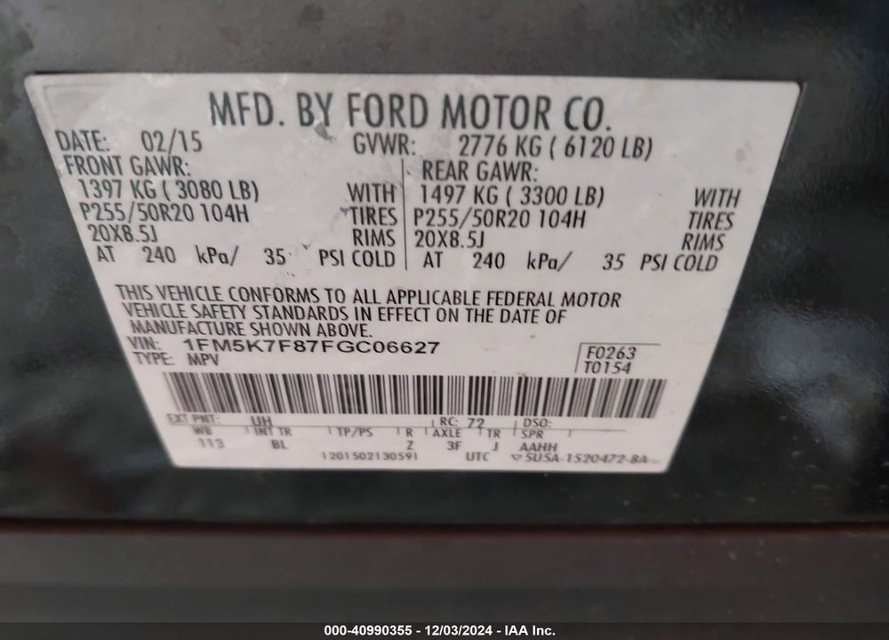 2015 FORD EXPLORER LIMITED VIN: 1FM5K7F87FGC06627