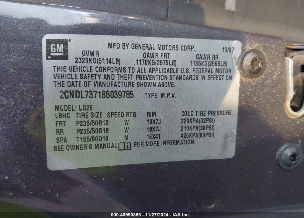 2008 CHEVROLET EQUINOX SPORT VIN: 2CNDL737186039785