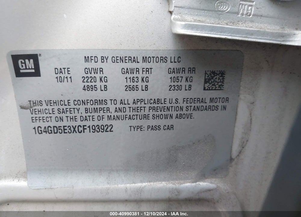 2012 BUICK LACROSSE VIN: 1G4GD5E3XCF193922