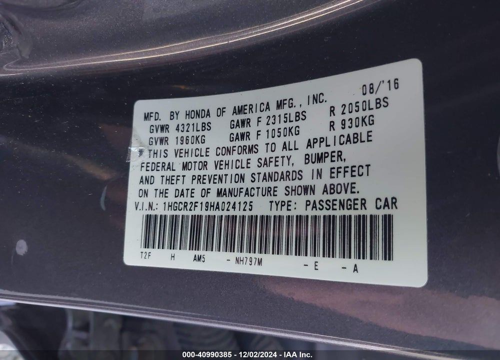 2017 HONDA ACCORD SPORT SE VIN: 1HGCR2F19HA024125
