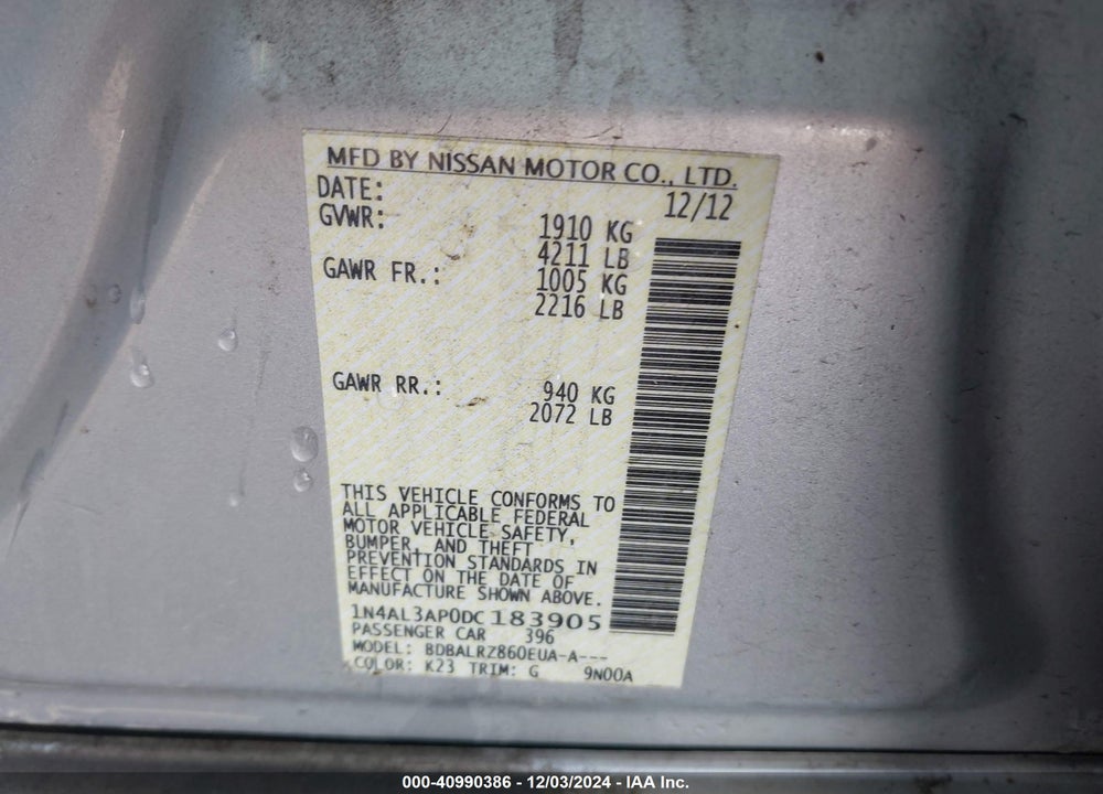 2013 NISSAN ALTIMA VIN: 1N4AL3AP0DC183905