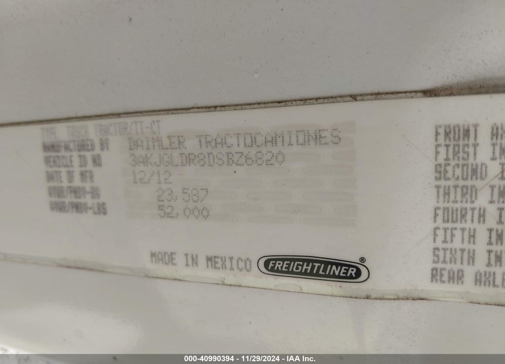 2013 FREIGHTLINER CASCADIA 125 VIN: 3AKJGLDR8DSBZ6820