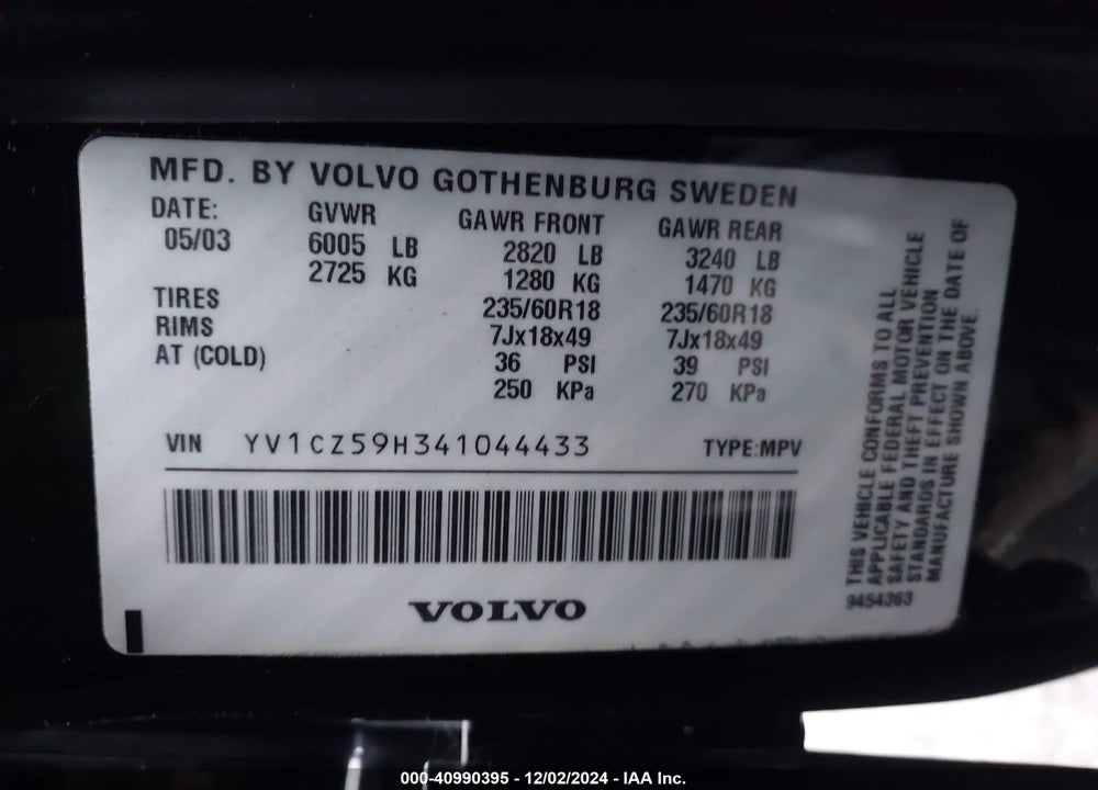 2004 VOLVO XC90 2.5T AWD VIN: YV1CZ59H341044433