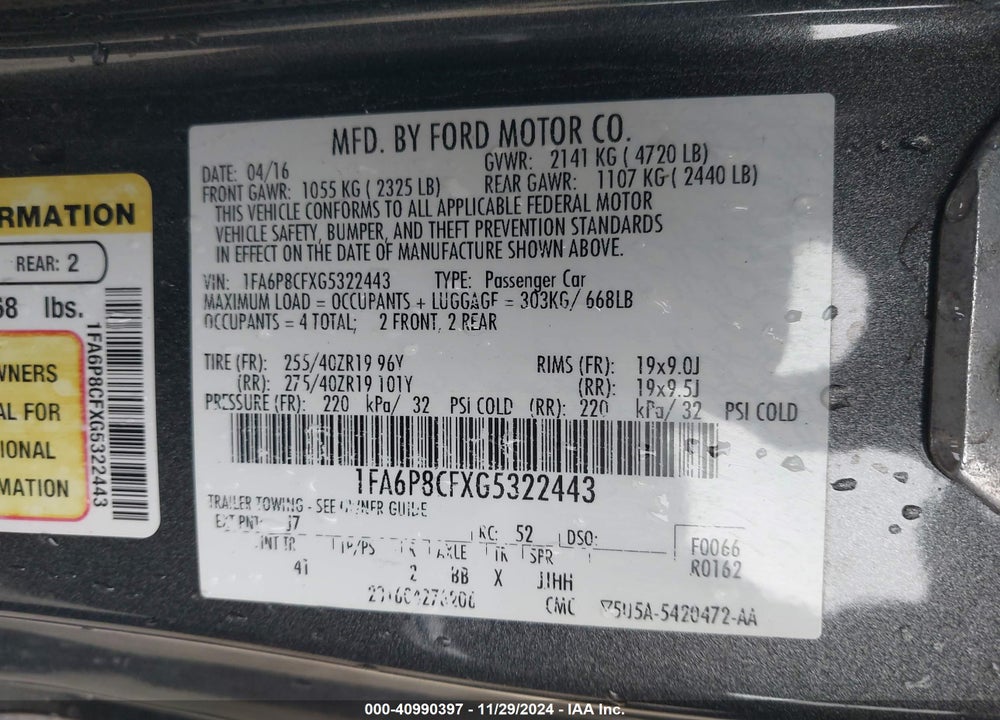 2016 FORD MUSTANG VIN: 1FA6P8CFXG5322443