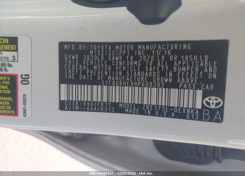 2017 TOYOTA COROLLA VIN: 5YFBURHE9HP609302