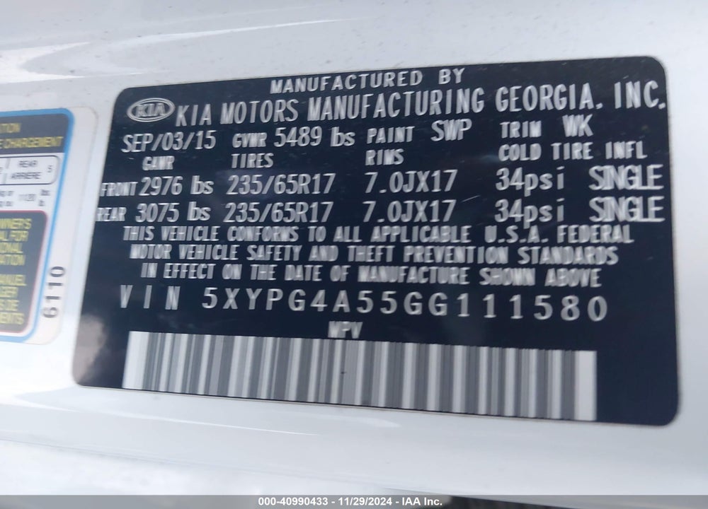 2016 KIA SORENTO 3.3L LX VIN: 5XYPG4A55GG111580