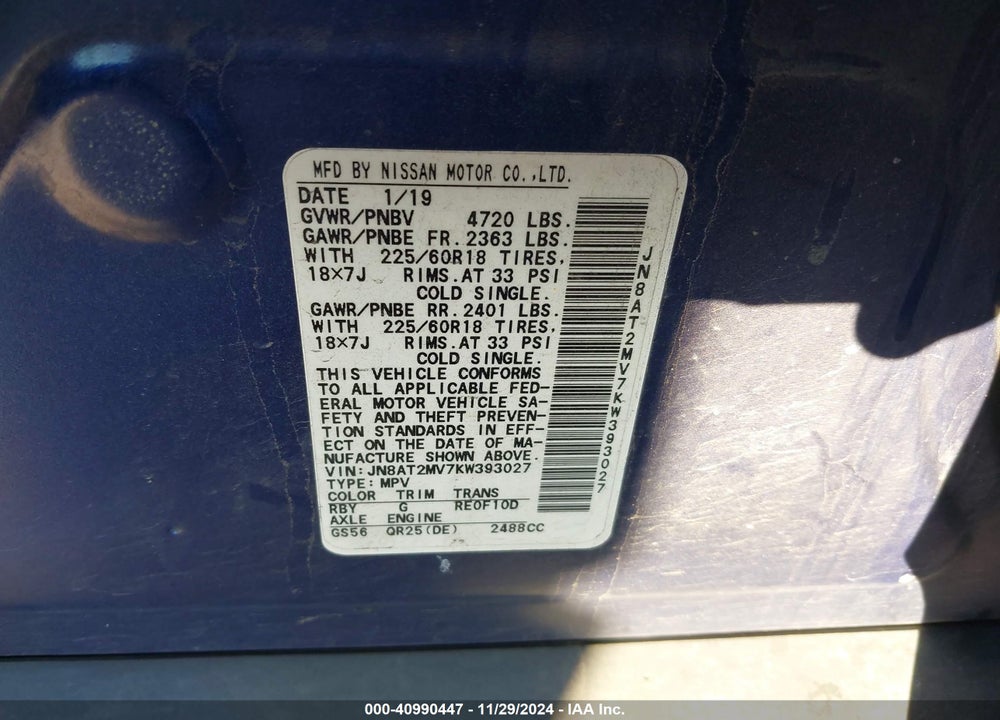 2019 NISSAN ROGUE SV VIN: JN8AT2MV7KW393027