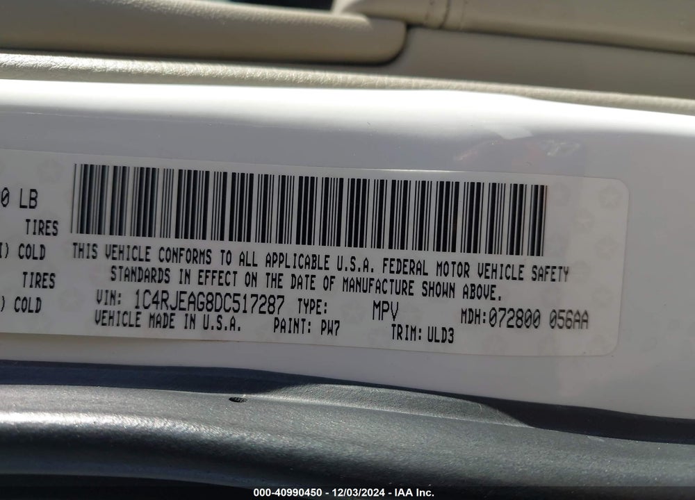 2013 JEEP GRAND CHEROKEE LAREDO VIN: 1C4RJEAG8DC517287