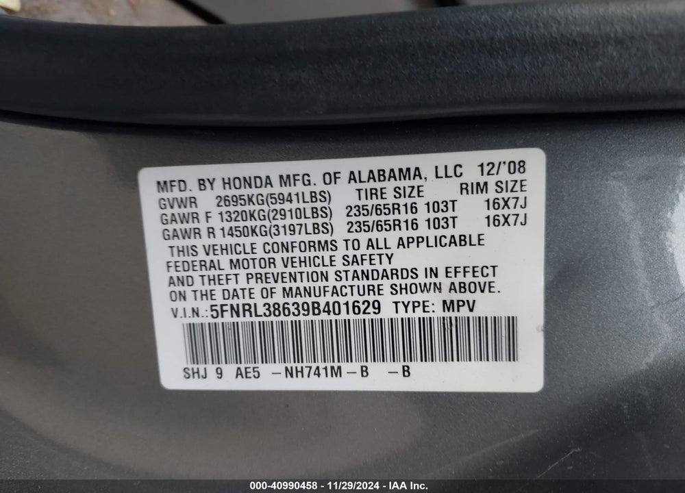 2009 HONDA ODYSSEY EX-L VIN: 5FNRL38639B401629