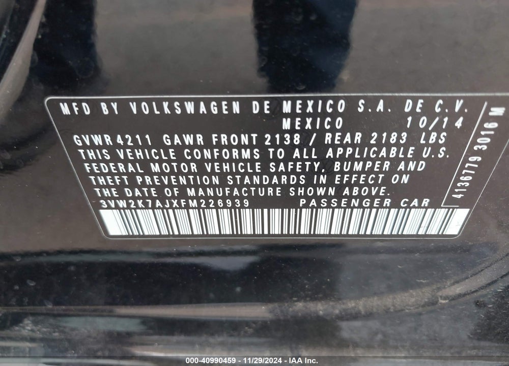 2015 VOLKSWAGEN JETTA VIN: 3VW2K7AJXFM226939