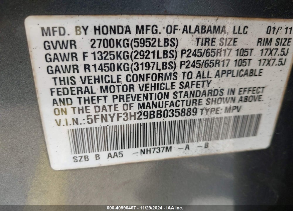 2011 HONDA PILOT LX VIN: 5FNYF3H29BB035889
