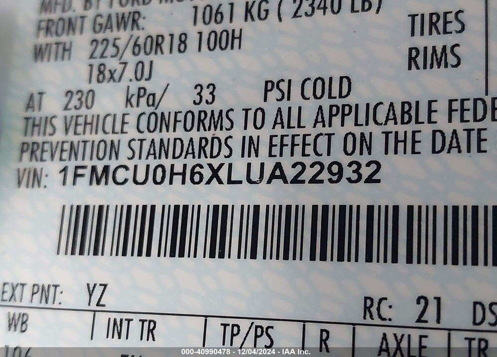 2020 FORD ESCAPE SEL VIN: 1FMCU0H6XLUA22932