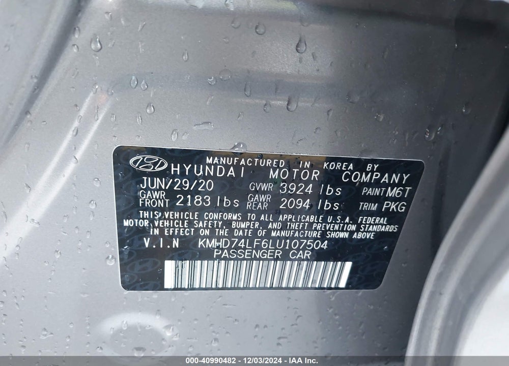 2020 HYUNDAI ELANTRA SE VIN: KMHD74LF6LU107504