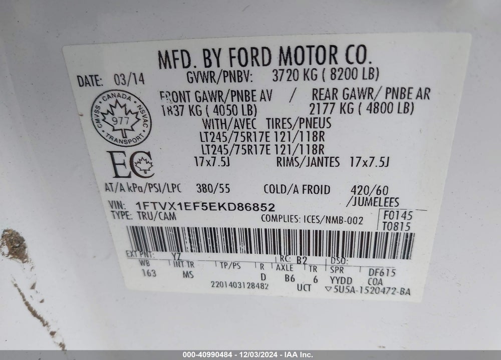 2014 FORD F-150 XLT VIN: 1FTVX1EF5EKD86852