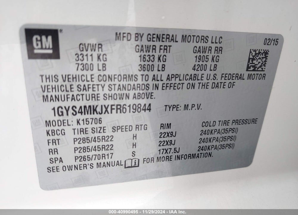2015 CADILLAC ESCALADE LUXURY VIN: 1GYS4MKJXFR619844