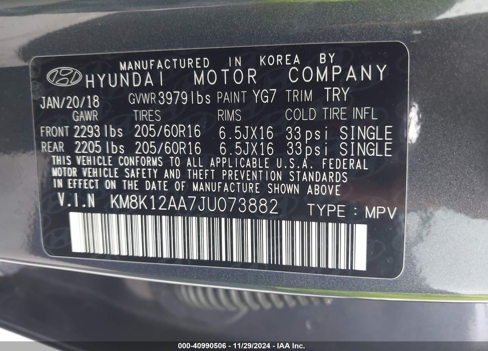 2018 HYUNDAI KONA SE VIN: KM8K12AA7JU073882