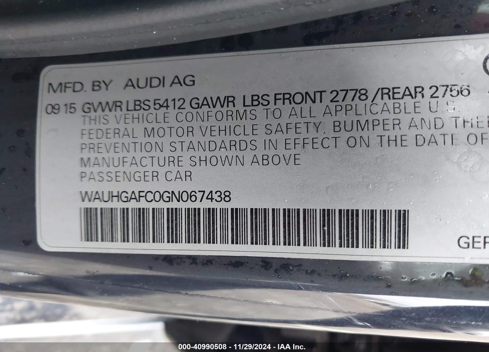 2016 AUDI A6 3.0T PREMIUM PLUS VIN: WAUHGAFC0GN067438