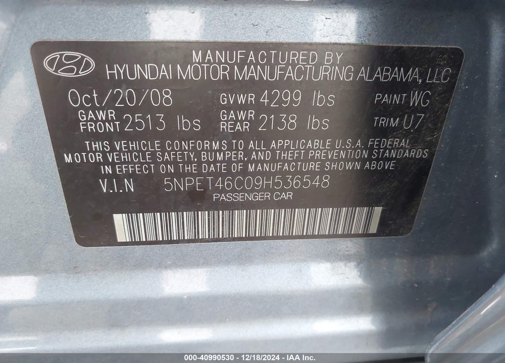 2009 HYUNDAI SONATA GLS VIN: 5NPET46C09H536548
