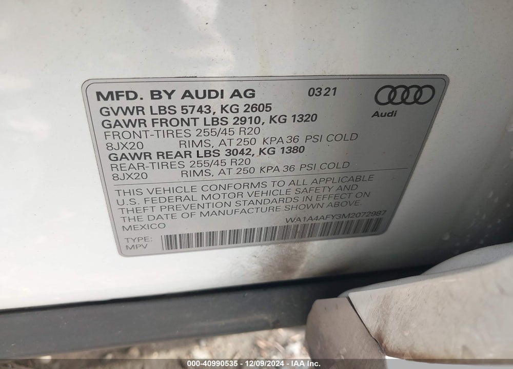 2021 AUDI SQ5 PREMIUM TFSI QUATTRO TIPTRONIC VIN: WA1A4AFY3M2072987