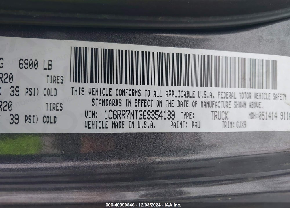 2016 RAM 1500 LAIE VIN: 1C6RR7NT3GS354139
