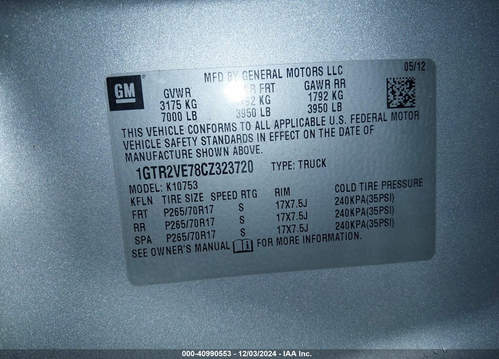 2012 GMC SIERRA 1500 SLE VIN: 1GTR2VE78CZ323720