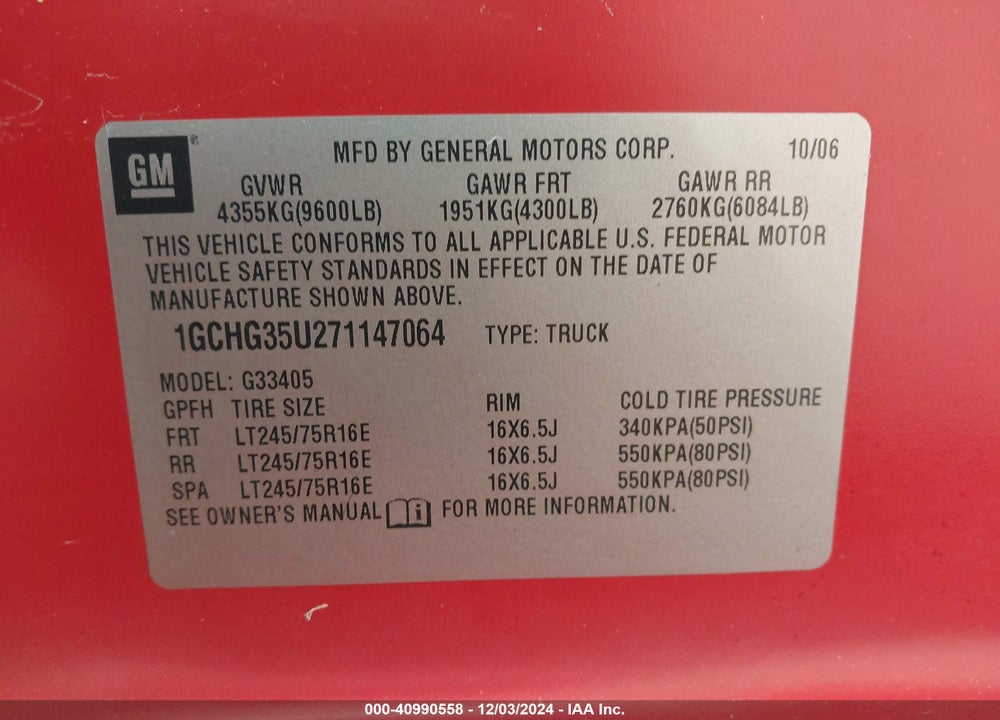 2007 CHEVROLET EXPRESS WORK VAN VIN: 1GCHG35U271147064