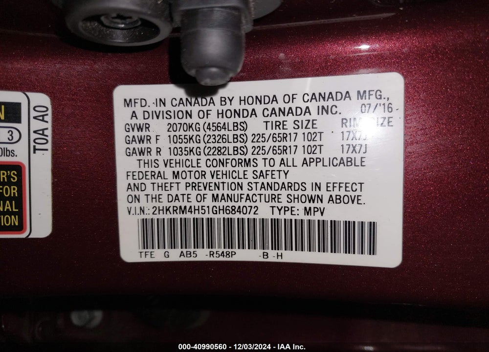 2016 HONDA CR-V EX VIN: 2HKRM4H51GH684072