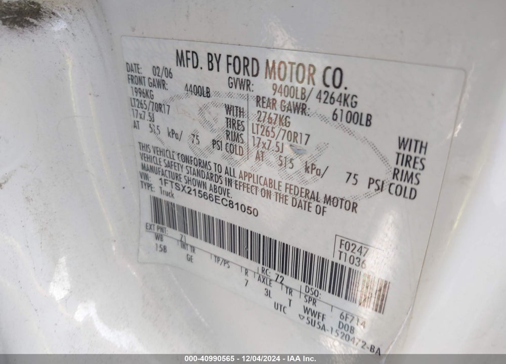 2006 FORD F-250 VIN: 1FTSX21566EC81050