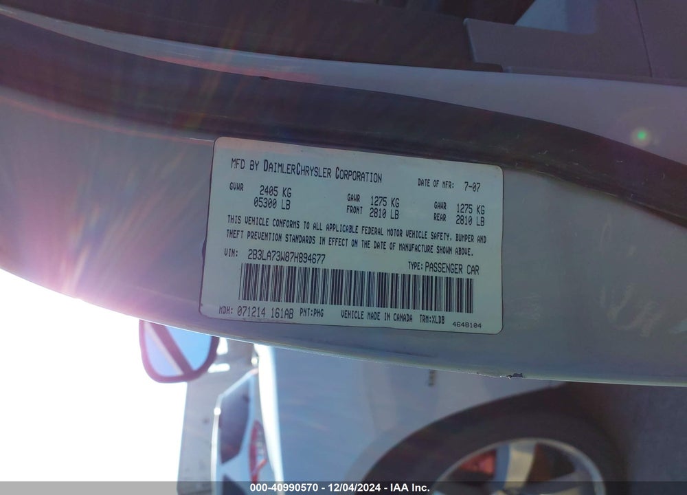 2007 DODGE CHARGER SRT8 VIN: 2B3LA73W87H894677