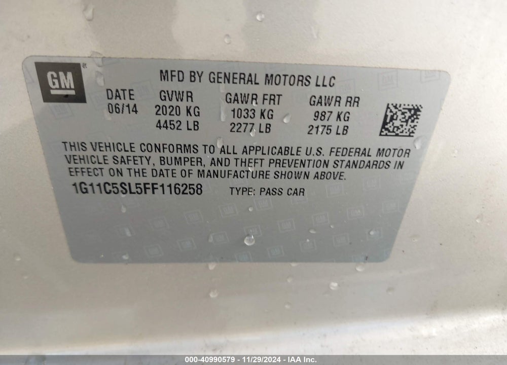 2015 CHEVROLET MALIBU 1LT VIN: 1G11C5SL5FF116258