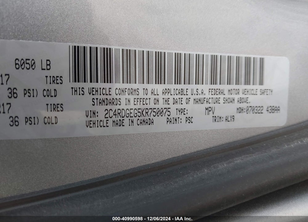 2019 DODGE GRAND CARAVAN GT VIN: 2C4RDGEG5KR750075