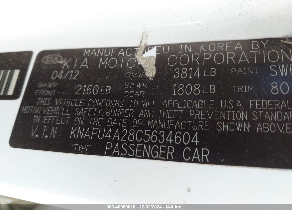 2012 KIA FORTE EX VIN: KNAFU4A28C5634604