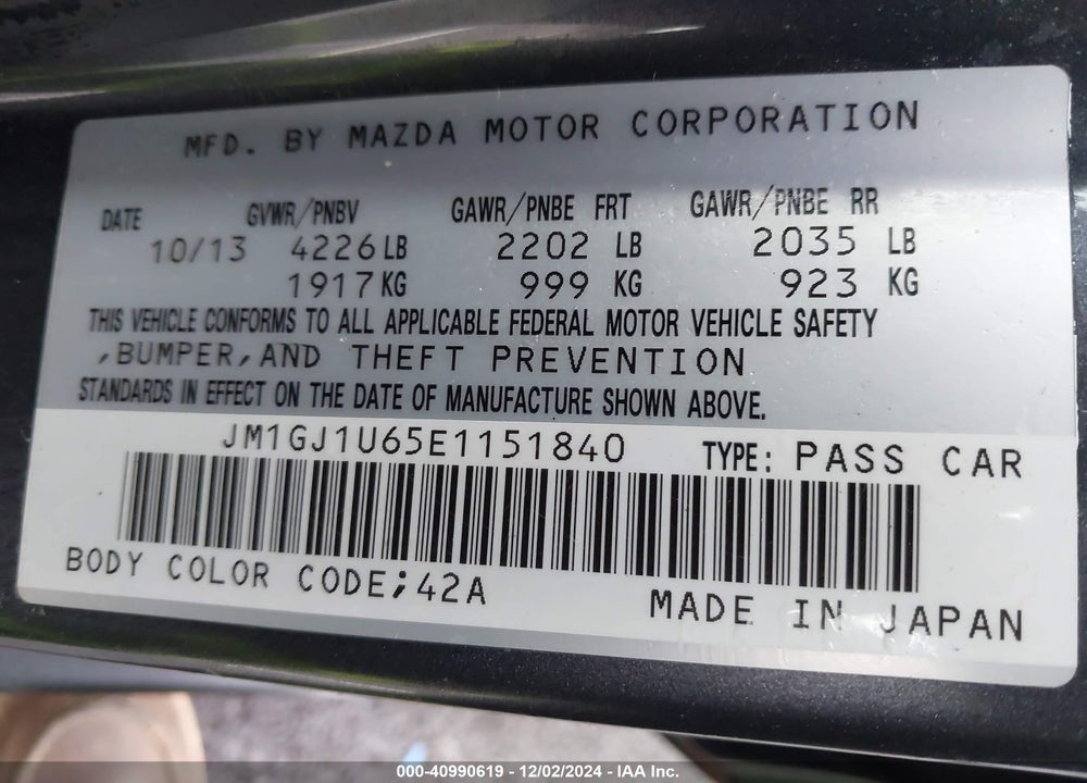 2014 MAZDA MAZDA6 VIN: JM1GJ1U65E1151840