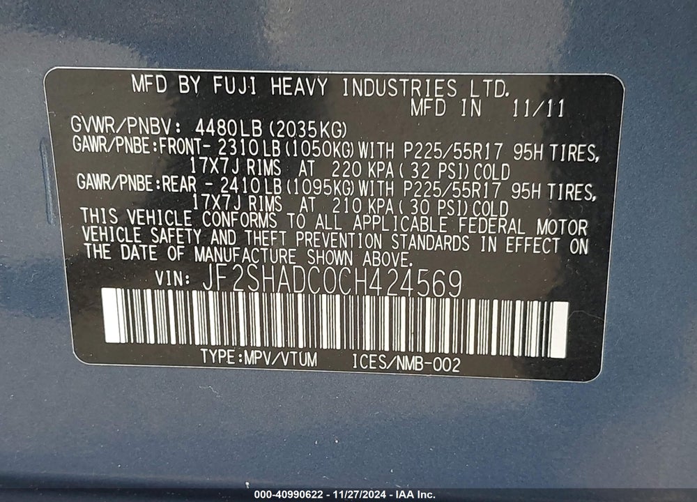 2012 SUBARU FORESTER 2.5X PREMIUM VIN: JF2SHADC0CH424569