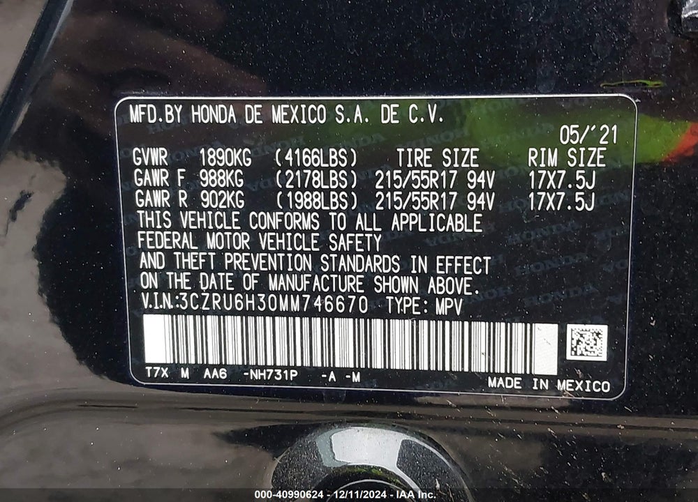 2021 HONDA HR-V AWD LX VIN: 3CZRU6H30MM746670