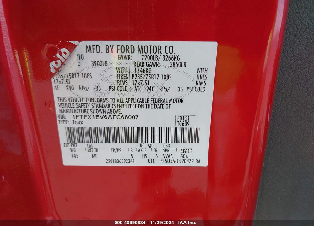 2010 FORD F-150 FX4/LARIAT/XL/XLT VIN: 1FTFX1EV6AFC66007