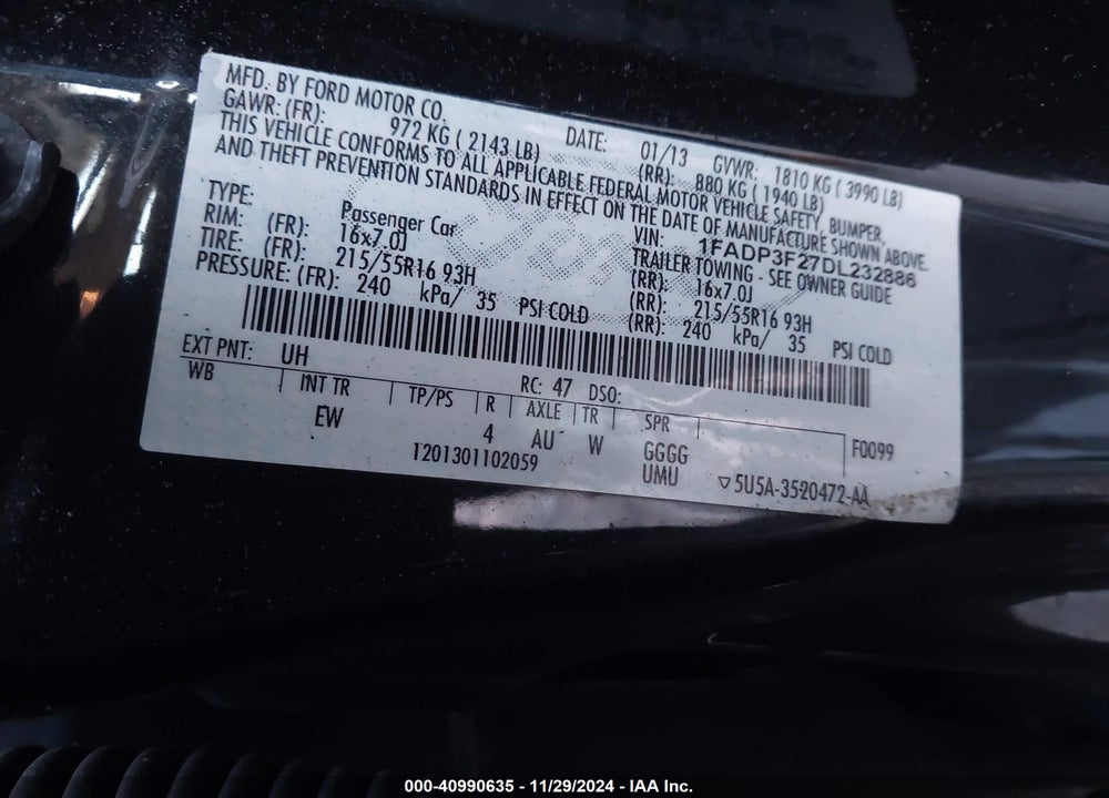 2013 FORD FOCUS VIN: 1FADP3F27DL232886