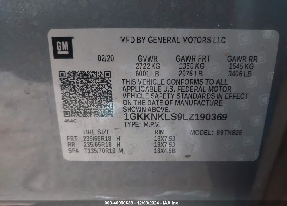 2020 GMC ACADIA FWD SLE VIN: 1GKKNKLS9LZ190369