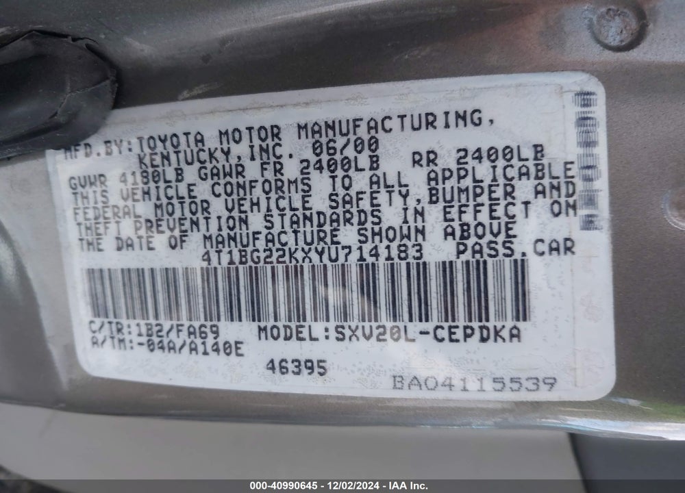 2000 TOYOTA CAMRY CE VIN: 4T1BG22KXYU714183