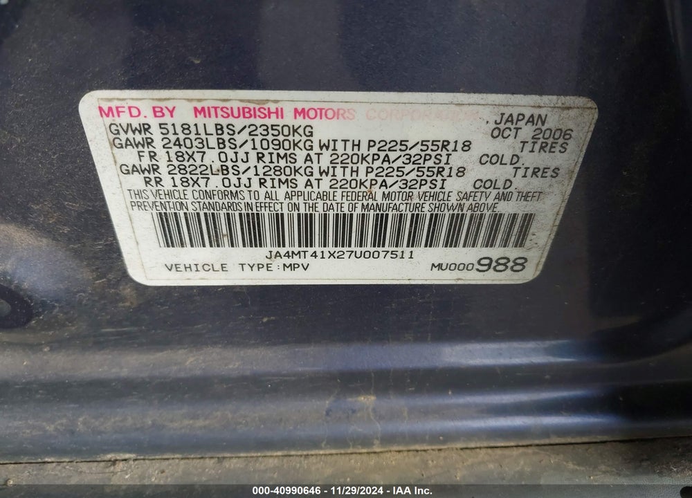 2007 MITSUBISHI OUTLANDER XLS VIN: JA4MT41X27U007511