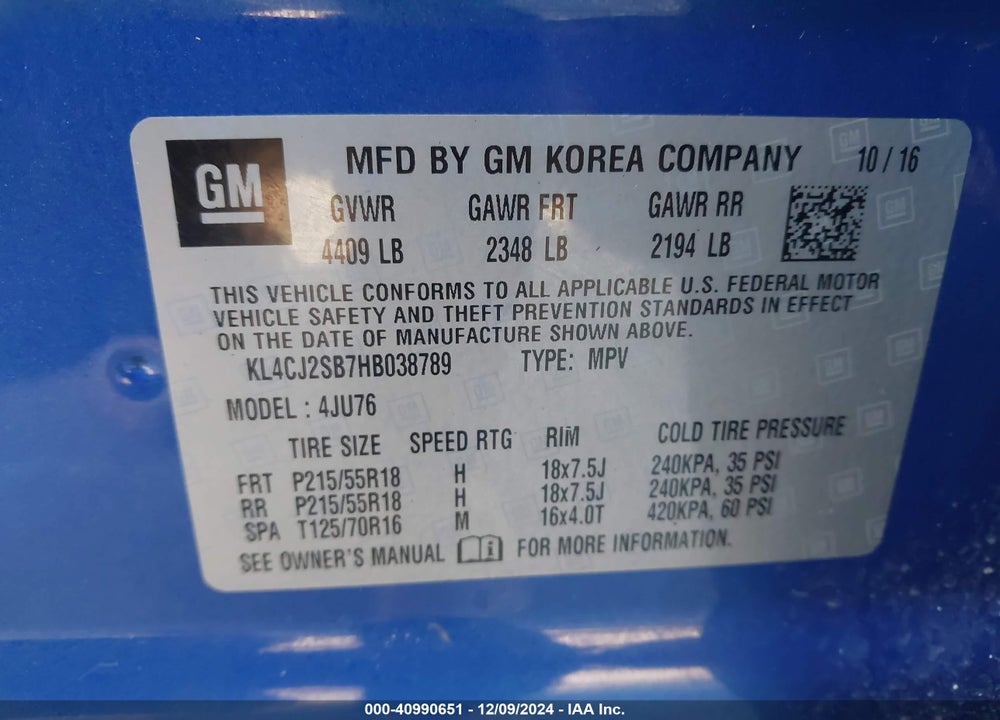 2017 BUICK ENCORE VIN: KL4CJ2SB7HB038789
