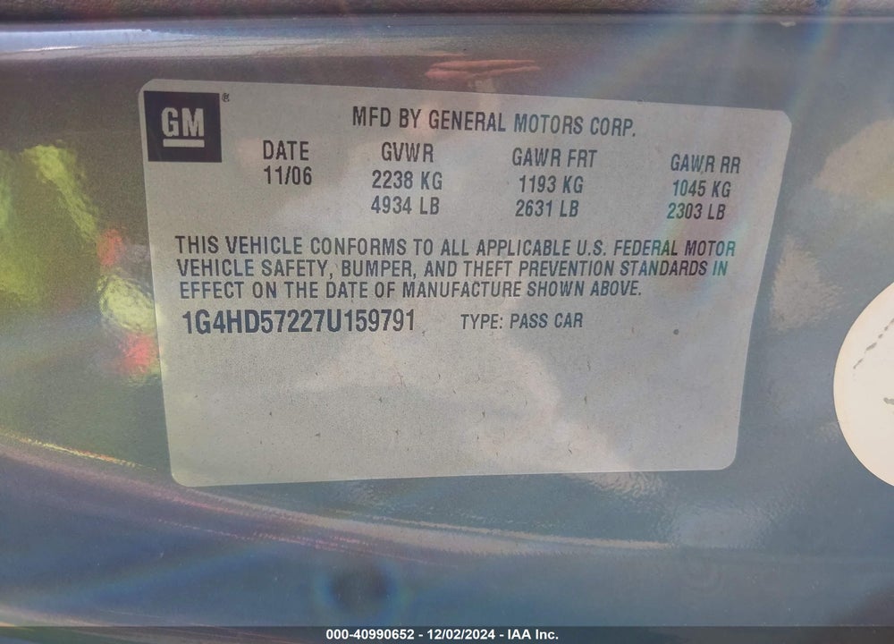 2007 BUICK LUCERNE VIN: 1G4HD57227U159791