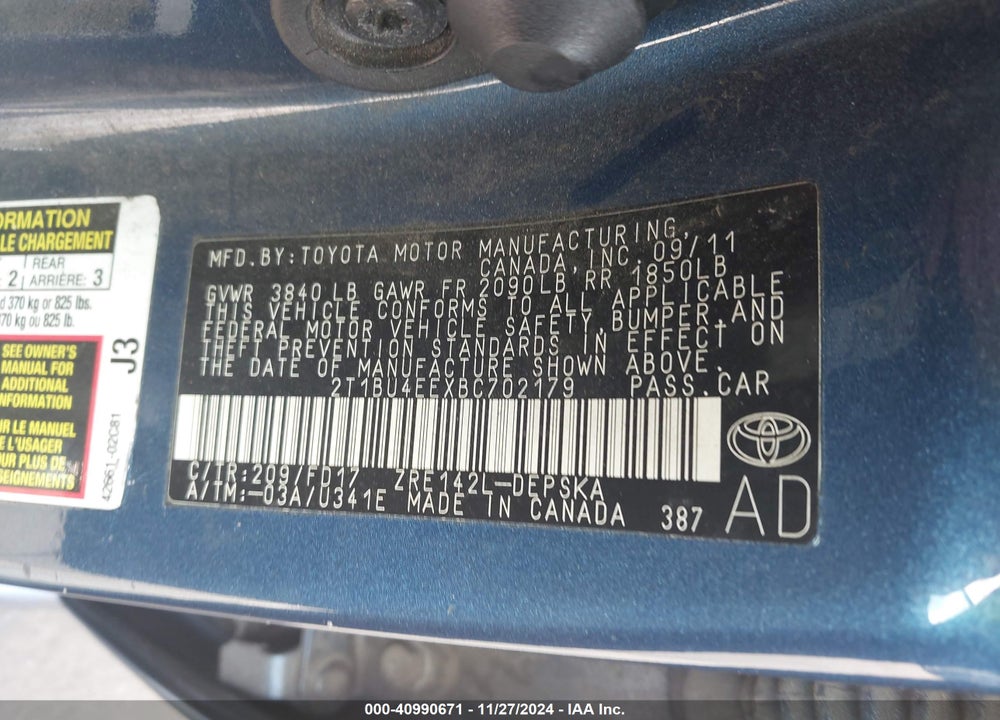 2011 TOYOTA COROLLA S VIN: 2T1BU4EEXBC702179