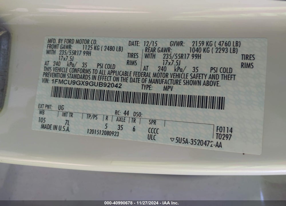 2016 FORD ESCAPE SE VIN: 1FMCU9GX9GUB92042